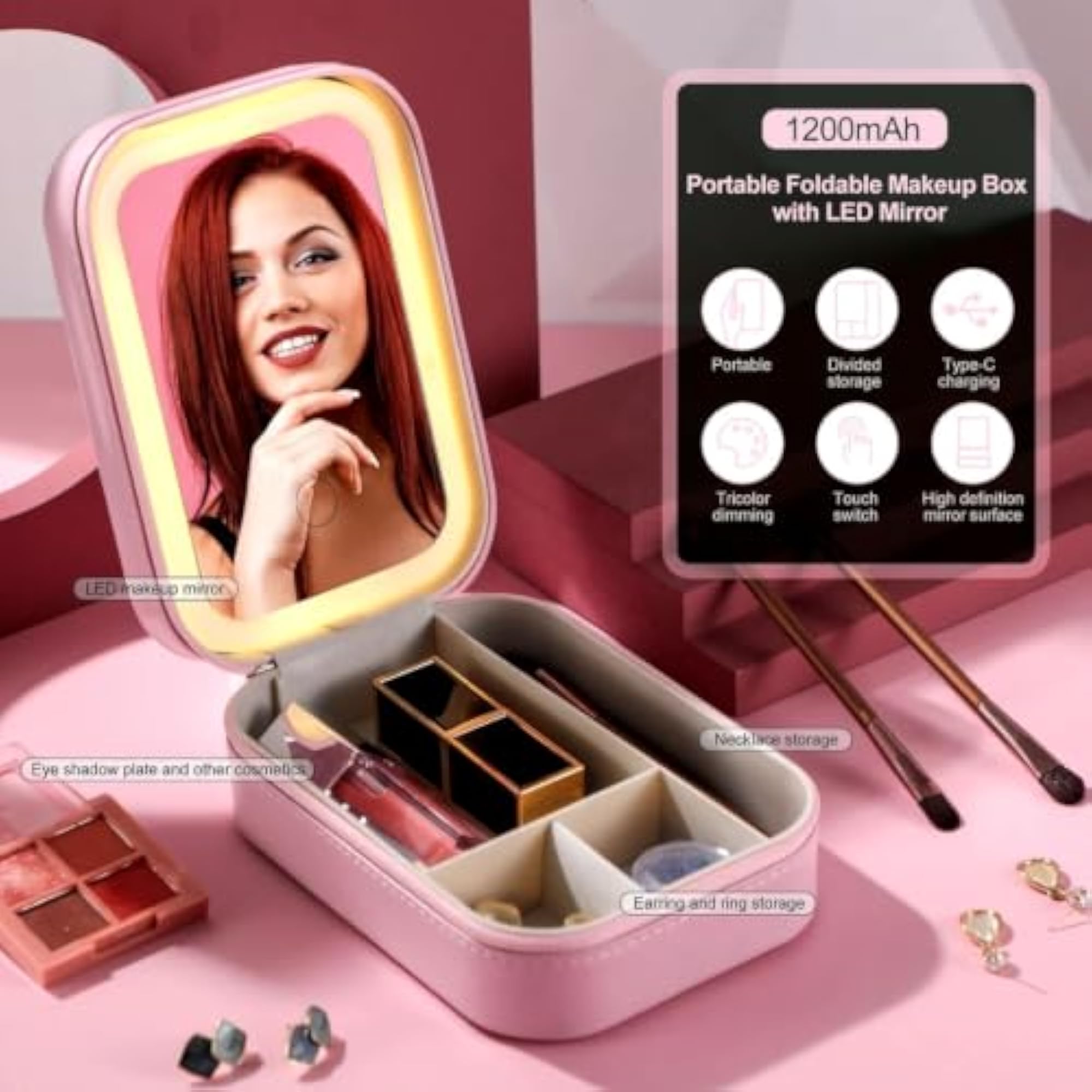 LED Makeup Mirror Jewelry Box with Light, Gift for Her